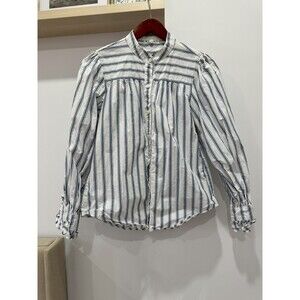 Alex Mill Womens M White Blue Stripes Lee Ruffle Trim Button Up Poplin Shirt